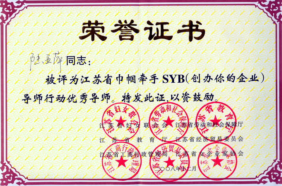 江蘇省巾幗牽手SYB導(dǎo)師行動(dòng)優(yōu)秀導(dǎo)師